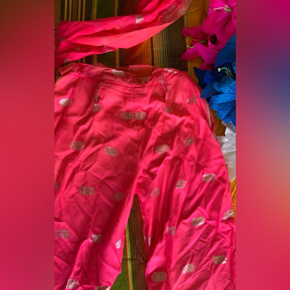 Fuchsia pink suit with silver print trouser